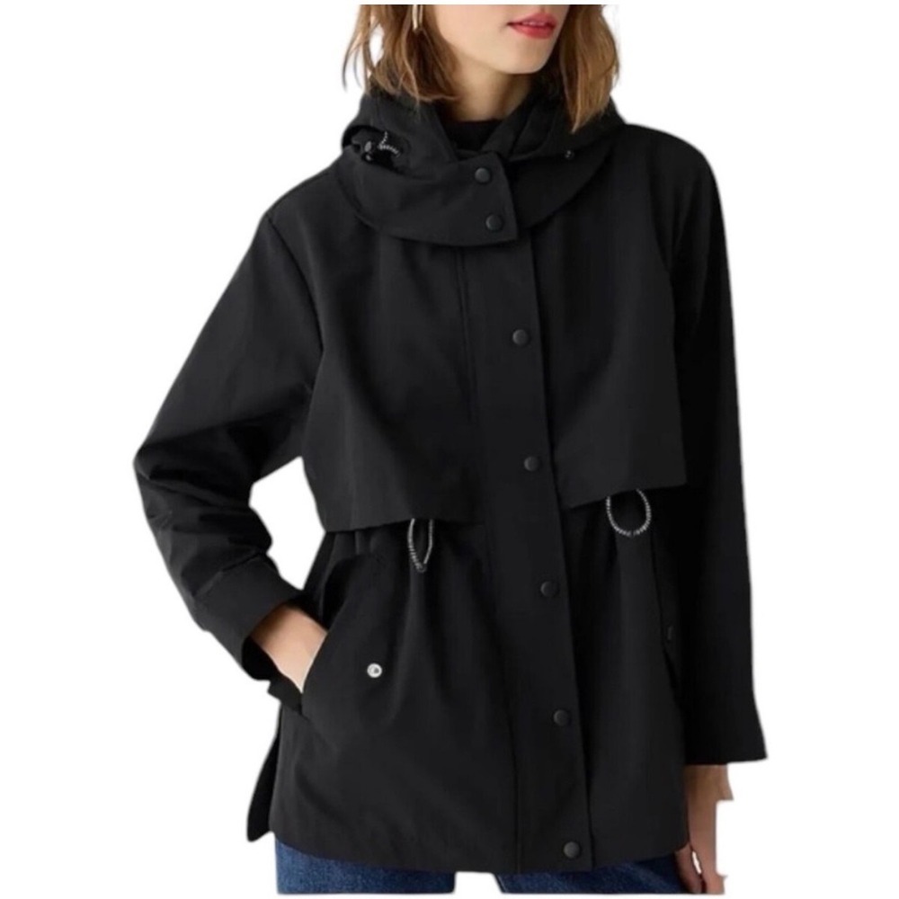 J.Crew | Lightweight Hooded Jacket Large Black BP290 Drawstring Waist Snap Front
